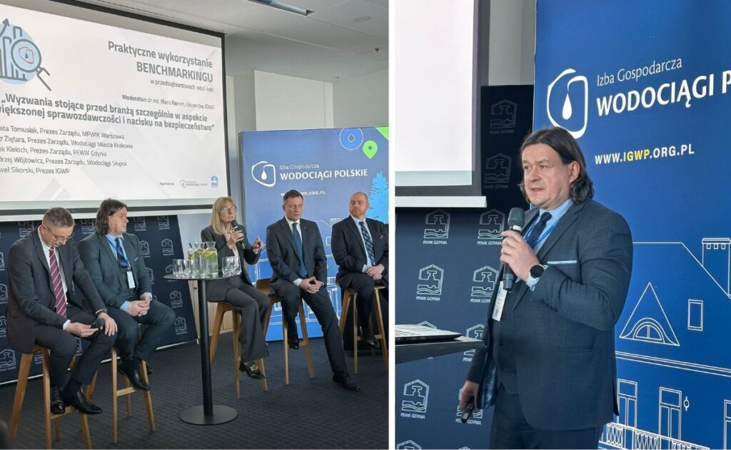 Zdjęcie po lewej: 4 mężczyzn i 1 kobieta siedzi na krzesłach w rundzie dyskusyjnej, kobieta trzyma w ręku mikrofon. Za nimi widać prezentację.